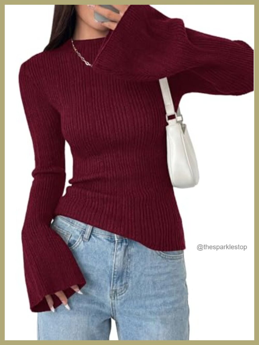 Ribbed Knit Mock Neck Bell Sleeve Pullover Sweater